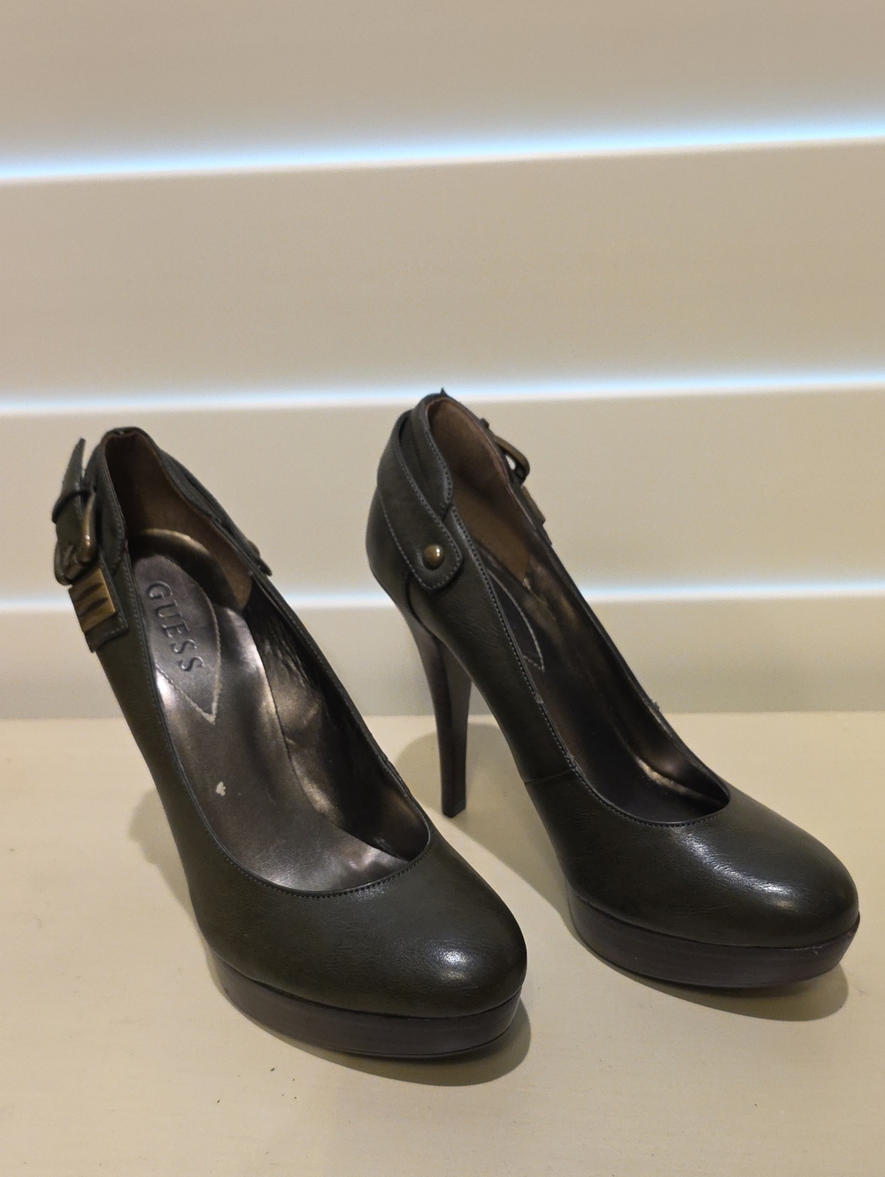 GUESS Olive Green Platform Stiletto Pumps with Ankle Buckle